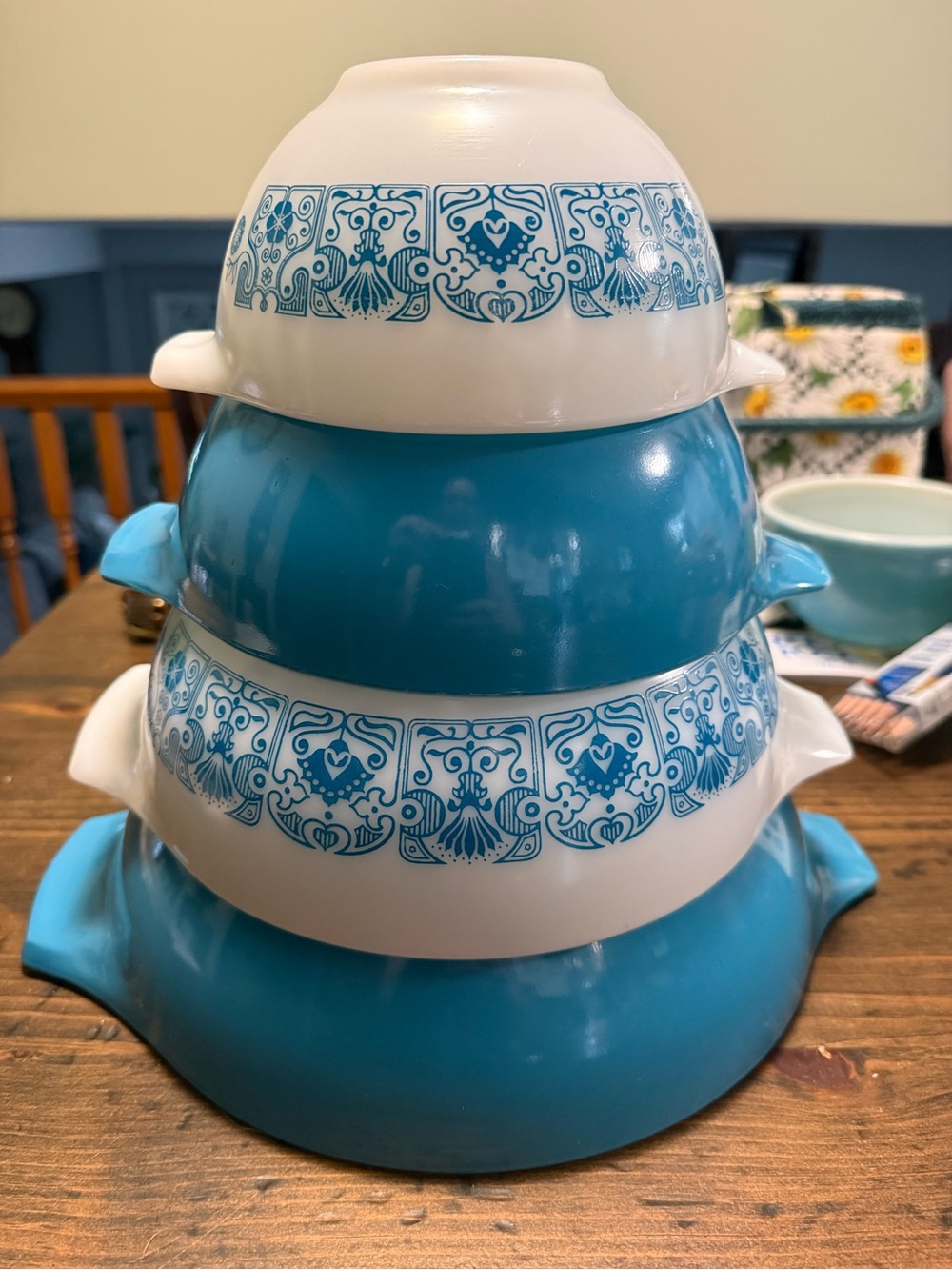 Pyrex Blue and White Stacking Mixing Bowls with Floral Band